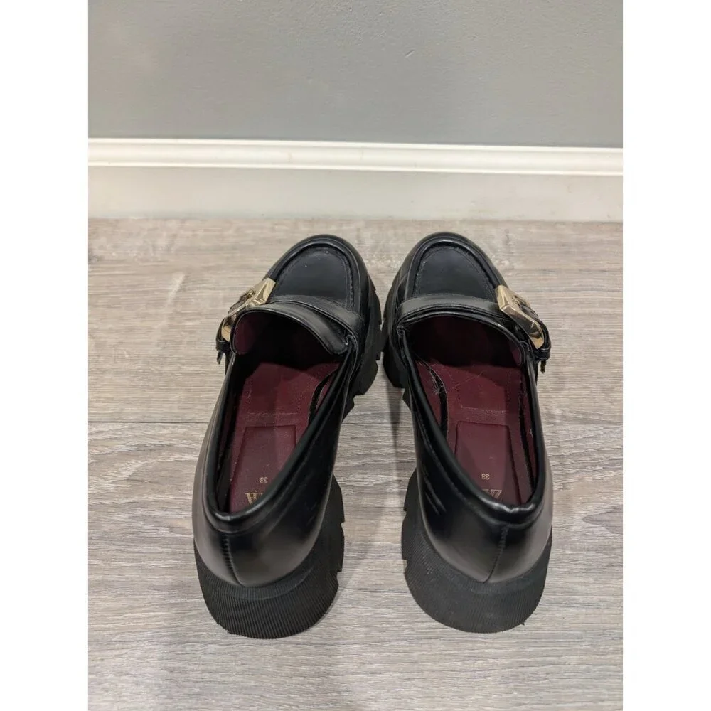 Zara Women's Back Loafers Chunky Platform Metal Buckle Shoes Y2K Slip-ons Sz 38
